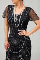 Load image into Gallery viewer, Sparkly Black Golden Sequins Fringed Flapper Dress with Sleeves