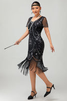Load image into Gallery viewer, Sparkly Black Red Fringed Sequined Short 1920s Dress with Sleeves