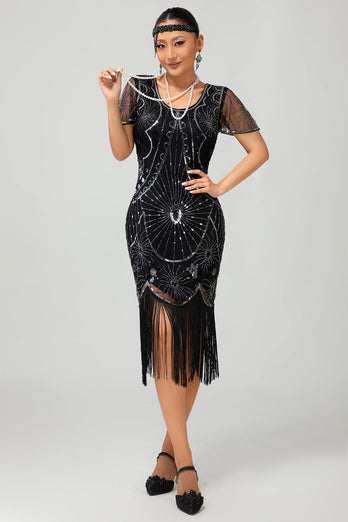Sparkly Black Golden Sequins Scoop Neck Flapper Dress with Fringes