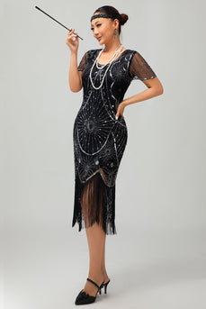 Sparkly Black Silver Sequins Short Sleeves Flapper Dress with Fringes