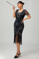 Load image into Gallery viewer, Sparkly Black Red Fringed Sequined Short 1920s Dress with Sleeves