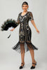 Load image into Gallery viewer, Sparkly Black Burgundy Fringed Short Sleeves 1920s Dress with Sequins