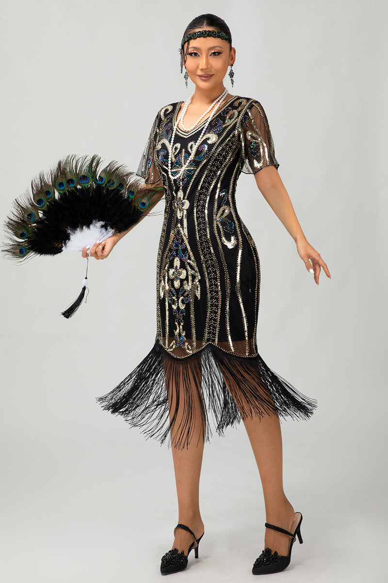 Load image into Gallery viewer, Sparkly Black Golden Bodycon Sequins Short 1920s Dress with Sleeves