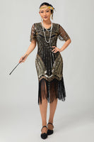 Load image into Gallery viewer, Sparkly Black Red Bodycon Fringed Flapper Dress with Sleeves