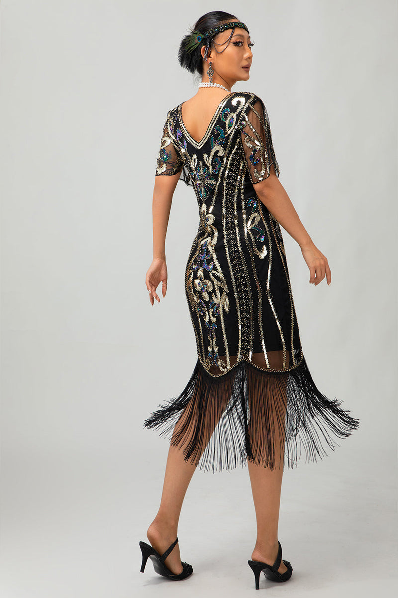 Load image into Gallery viewer, Sparkly Black Golden Bodycon Sequins Short 1920s Dress with Sleeves