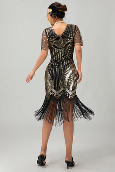 Sparkly Black Red Bodycon Fringed Flapper Dress with Sleeves