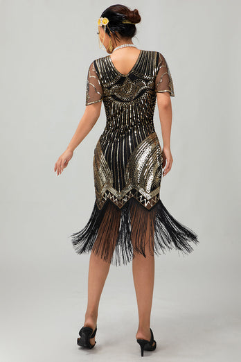 Sparkly Black Golden Sequins V-Neck Flapper Dress with Fringes