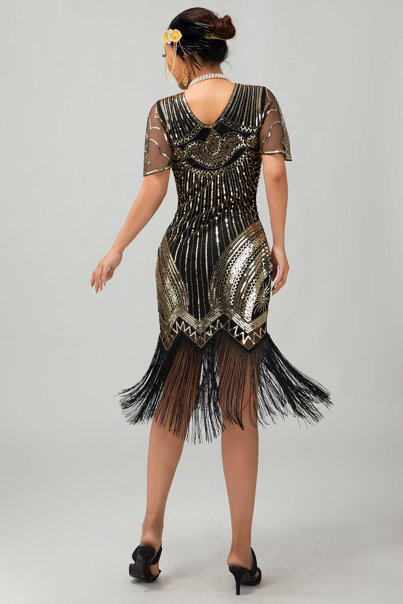 Load image into Gallery viewer, Sparkly Black Golden Sequins V-Neck Flapper Dress with Fringes