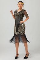 Load image into Gallery viewer, Sparkly Black Golden Sequins V-Neck Flapper Dress with Fringes