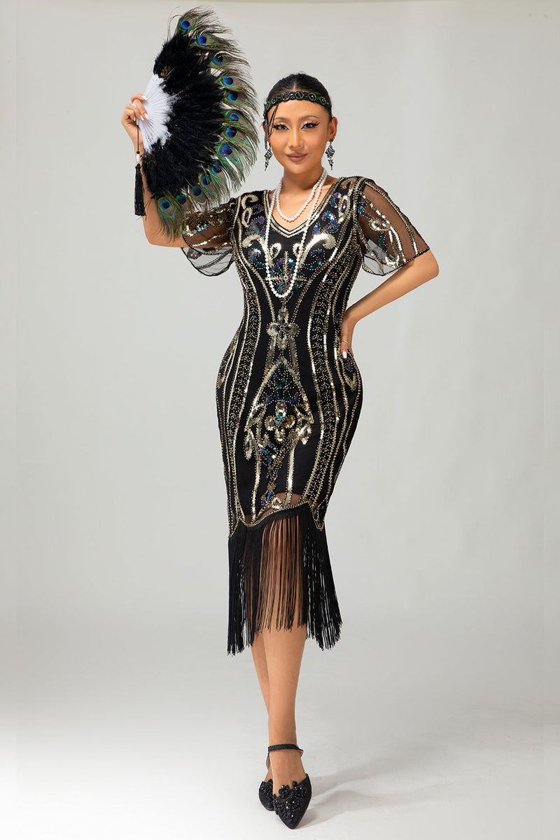 Load image into Gallery viewer, Sparkly Black Golden Bodycon Sequins Short 1920s Dress with Sleeves