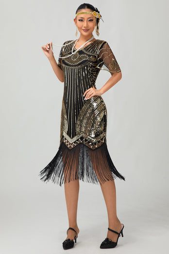 Sparkly Black Red Bodycon Fringed Flapper Dress with Sleeves
