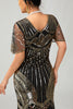 Load image into Gallery viewer, Sparkly Black Golden Sequins V-Neck Flapper Dress with Fringes