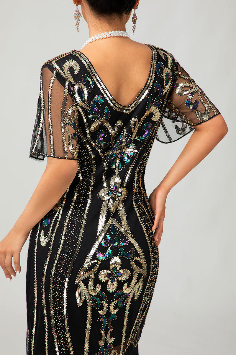 Load image into Gallery viewer, Sparkly Black Golden Bodycon Sequins Short 1920s Dress with Sleeves
