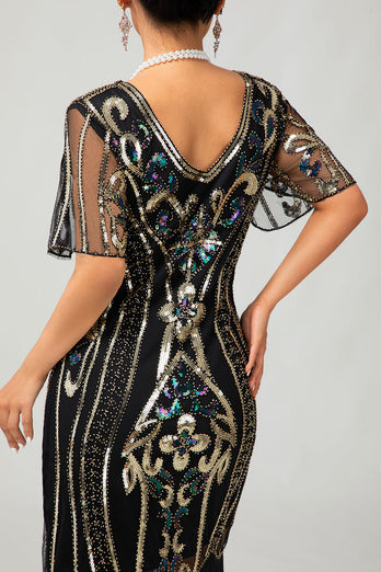 Sparkly Black Burgundy Fringed Short Sleeves 1920s Dress with Sequins