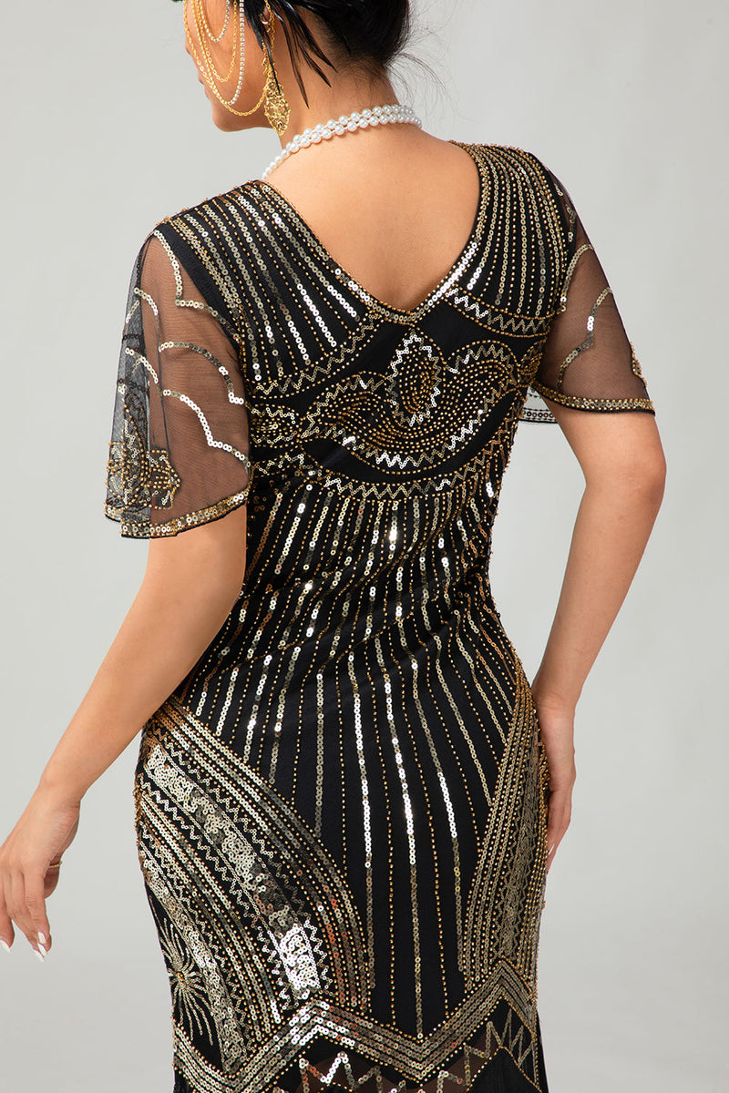 Load image into Gallery viewer, Sparkly Black Red Bodycon Fringed Flapper Dress with Sleeves