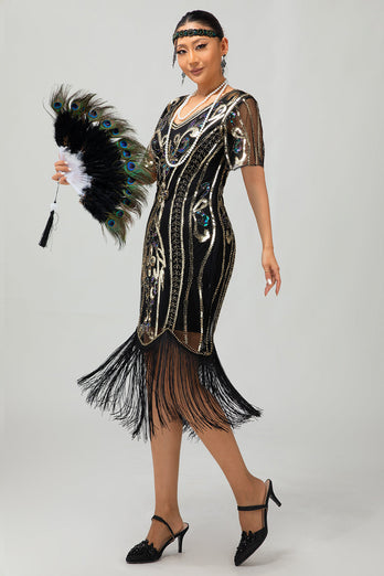 Sparkly Black Burgundy Fringed Short Sleeves 1920s Dress with Sequins