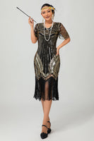 Load image into Gallery viewer, Sparkly Black Golden Sequins V-Neck Flapper Dress with Fringes