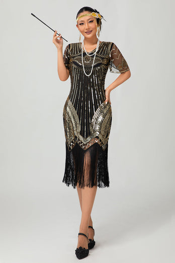 Sparkly Black Red Bodycon Fringed Flapper Dress with Sleeves