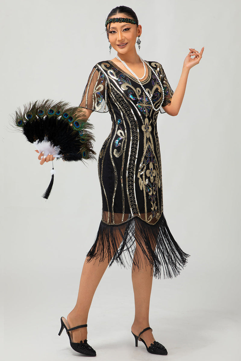 Load image into Gallery viewer, Sparkly Black Golden Bodycon Sequins Short 1920s Dress with Sleeves