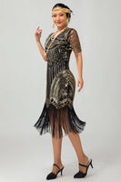 Load image into Gallery viewer, Sparkly Black Golden Sequins V-Neck Flapper Dress with Fringes