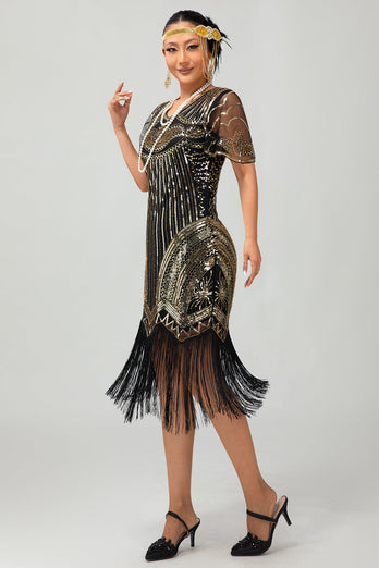Sparkly Black Golden Sequins V-Neck Flapper Dress with Fringes
