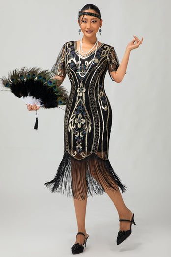 Sparkly Black Golden Bodycon Sequins Short 1920s Dress with Sleeves
