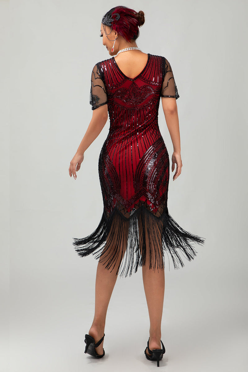 Load image into Gallery viewer, Sparkly Black Red Bodycon Fringed Flapper Dress with Sleeves