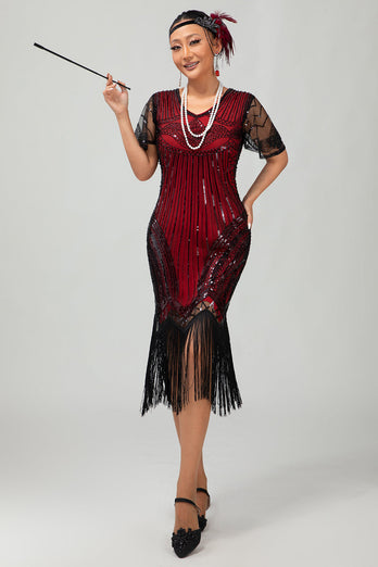 Sparkly Black Red Bodycon Fringed Flapper Dress with Sleeves