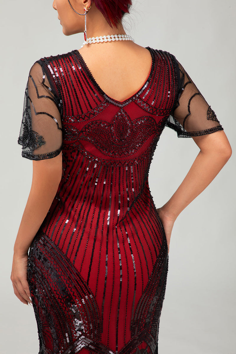 Load image into Gallery viewer, Sparkly Black Red Bodycon Fringed Flapper Dress with Sleeves