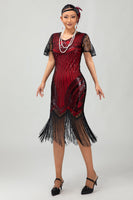 Load image into Gallery viewer, Sparkly Black Red Bodycon Fringed Flapper Dress with Sleeves