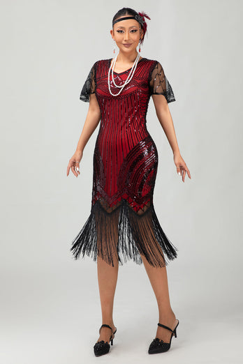 Sparkly Black Red Bodycon Fringed Flapper Dress with Sleeves