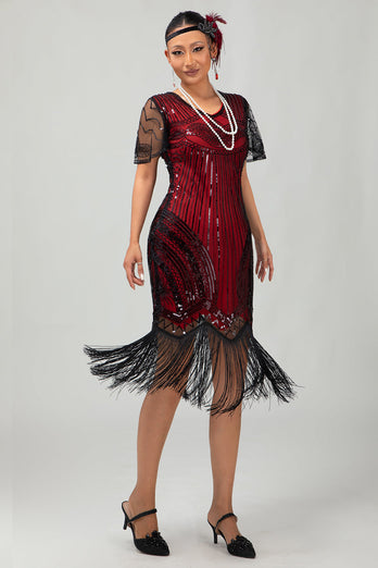 Sparkly Black Red Bodycon Fringed Flapper Dress with Sleeves