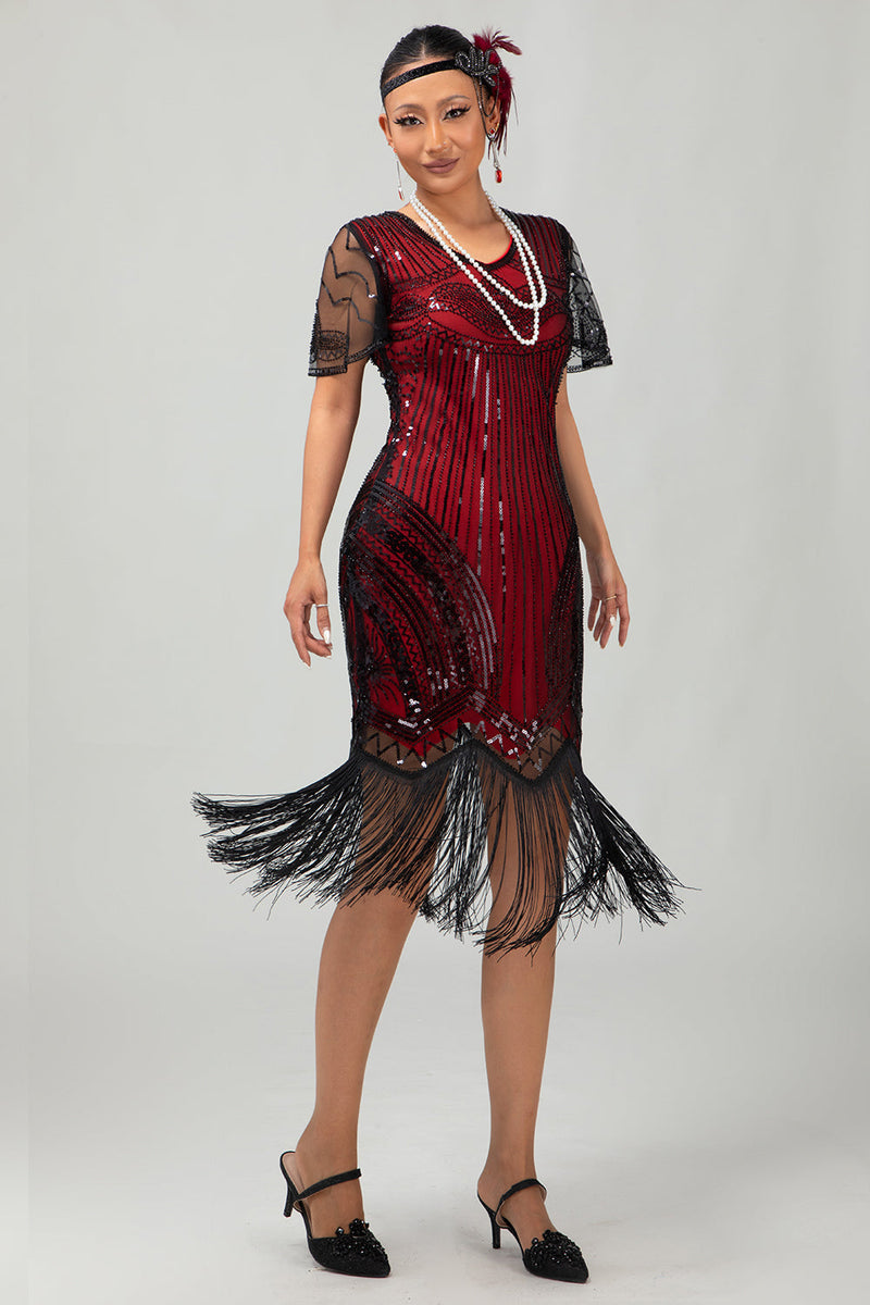 Load image into Gallery viewer, Sparkly Black Red Bodycon Fringed Flapper Dress with Sleeves