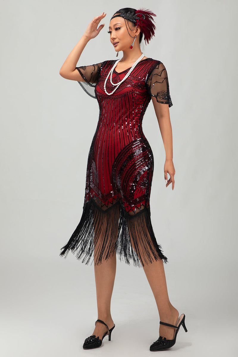 Load image into Gallery viewer, Sparkly Black Golden Sequins V-Neck Flapper Dress with Fringes