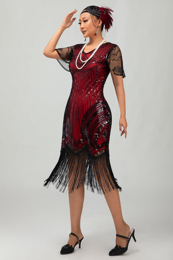 Sparkly Black Red Bodycon Fringed Flapper Dress with Sleeves