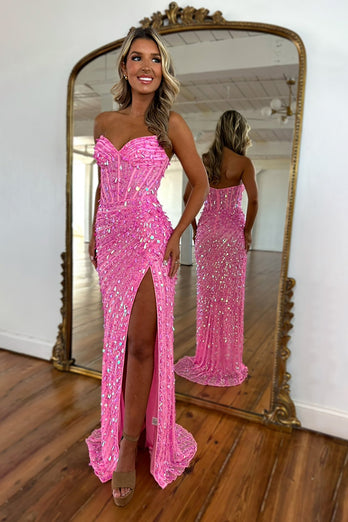 Sparkly Red Sweetheart Sequins Mermaid Long Corset Formal Dress with Beading