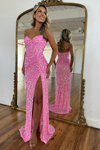 Sparkly Red Sweetheart Sequins Mermaid Long Corset Formal Dress with Beading