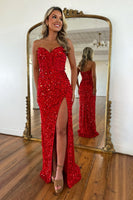 Load image into Gallery viewer, Sparkly Red Sweetheart Sequins Mermaid Long Corset Formal Dress with Beading