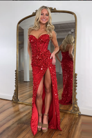 Load image into Gallery viewer, Sparkly Red Sweetheart Sequins Mermaid Long Corset Formal Dress with Beading