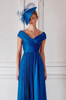 Load image into Gallery viewer, Royal Blue Off the Shoulder Long Pleated Mother of the Bride Dress