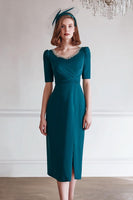 Load image into Gallery viewer, Sparkly Peacock Blue Round Neck Midi Mother of the Bride Dress with Slit