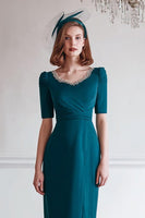 Load image into Gallery viewer, Sparkly Peacock Blue Round Neck Midi Mother of the Bride Dress with Slit