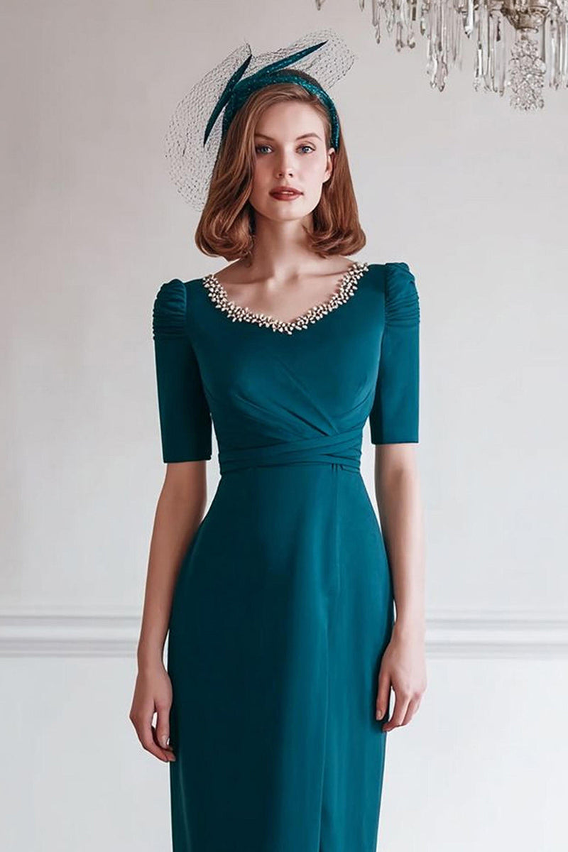 Load image into Gallery viewer, Sparkly Peacock Blue Round Neck Midi Mother of the Bride Dress with Slit
