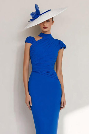 Royal Blue High Neck Sheath Long Mother of the Bride Dress