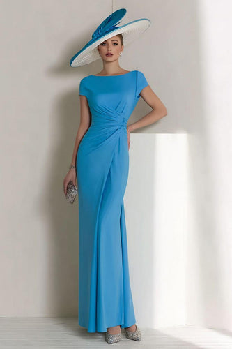 Blue Boat Neck Ruched Long Mother of the Bride Dress with Sleeves