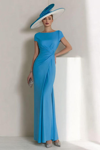 Blue Boat Neck Ruched Long Mother of the Bride Dress with Sleeves