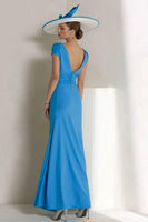 Load image into Gallery viewer, Blue Boat Neck Ruched Long Mother of the Bride Dress with Sleeves