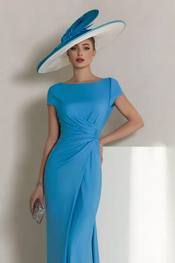 Blue Boat Neck Ruched Long Mother of the Bride Dress with Sleeves