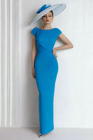 Load image into Gallery viewer, Blue Boat Neck Long Mother of the Bride Dress with Sleeves
