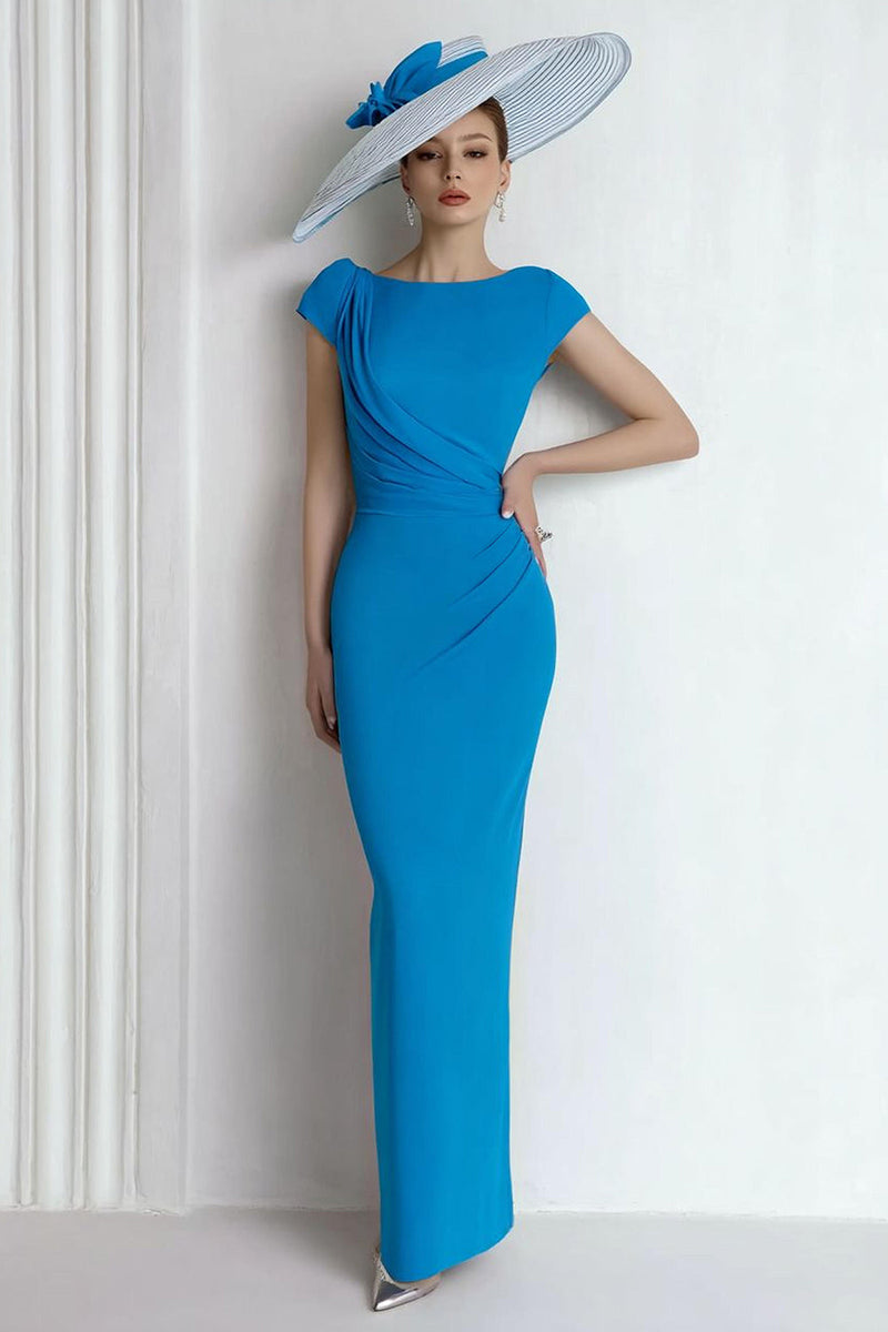 Load image into Gallery viewer, Blue Boat Neck Long Mother of the Bride Dress with Sleeves